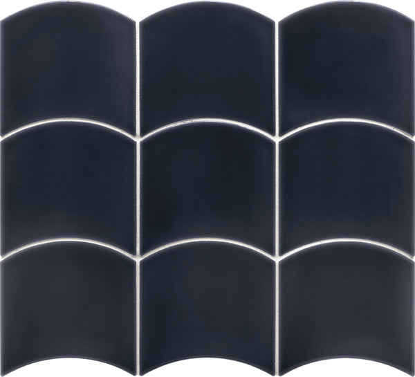 Flow Motion 5x5 Glazed Ceramic Tiles arranged in a 3x3 grid, each with a unique arch-like top edge and crisp white grout lines between them, shown here in premium dark blue.