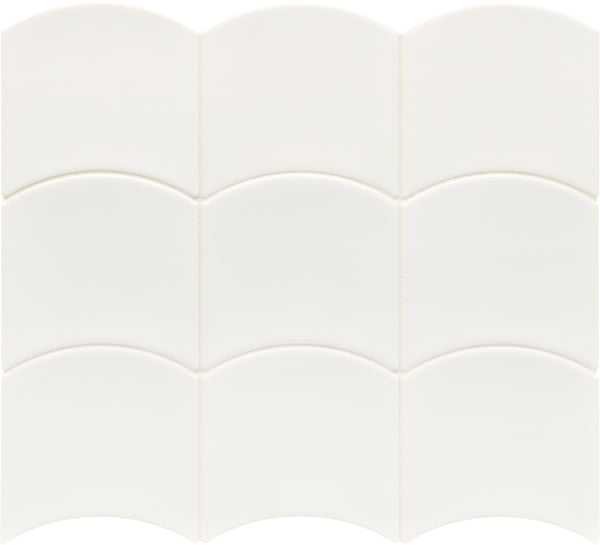 Flow Motion 5x5 Glazed Ceramic Tiles feature a unique scalloped shape arranged in a grid, creating a smooth, glossy surface with a dynamic wave-like pattern.