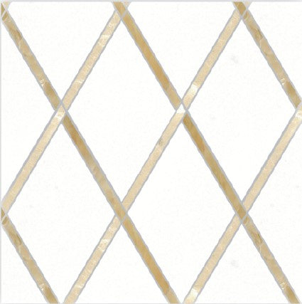 The Fraise Polished Marble Mosaic Tile features a white background with a repeating diagonal grid of gold and beige lines, creating diamond shapes and an elegant, abstract geometric look reminiscent of polished marble.