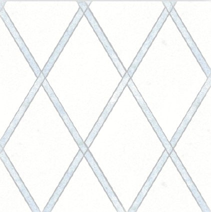 A white background with a repeating abstract pattern of light blue diamond shapes, the Fraise Polished Marble Mosaic Tile features intersecting diagonal lines for a luxurious marble look.