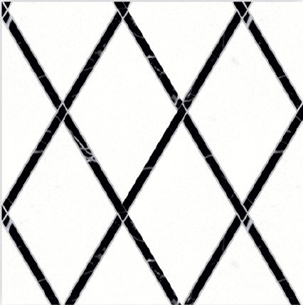 The Fraise Polished Marble Mosaic Tile features a white surface with a geometric pattern of black marble diamond shapes created by intersecting diagonal lines.