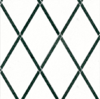 The Fraise Polished Marble Mosaic Tile features a repeating pattern of black diamond shapes outlined on a white background, offering an abstract, marble-inspired mosaic design.