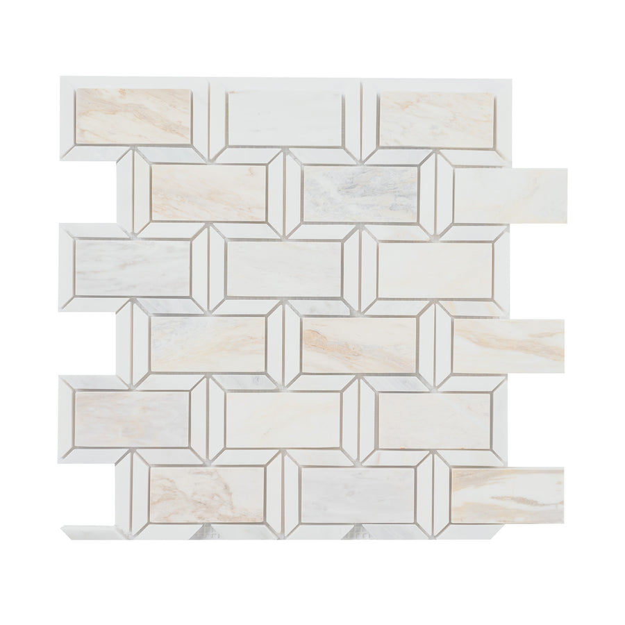 The Angora Framework Mosaic features a 3D rectangular geometric pattern in beige and white tones, arranged in an interlocking, staggered layout for a striking contemporary look on a white background.