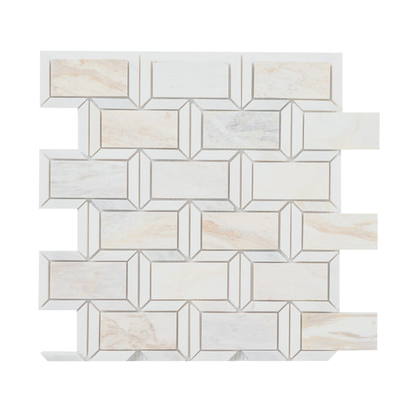 The Angora Framework Mosaic features a 3D rectangular geometric pattern in beige and white tones, arranged in an interlocking, staggered layout for a striking contemporary look on a white background.