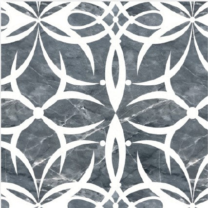 The Fressia Polished Marble Mosaic Tile features white, curved lines forming floral and diamond shapes in a repeating geometric pattern on a dark gray, marble-inspired textured background.