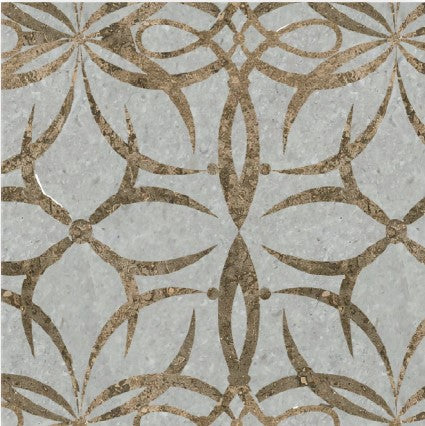 The Fressia Polished Marble Mosaic Tile features a gray background with intricate, symmetrical brown patterns forming curved, interlocking shapes that evoke floral or abstract geometric motifs.