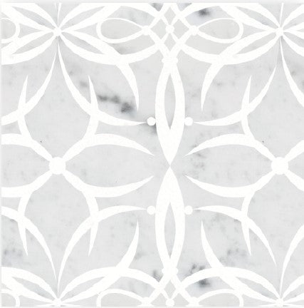 The Fressia Polished Marble Mosaic Tile features a white geometric floral pattern with curved lines and dots on a light gray marble background, offering a symmetrical, decorative design for luxury spaces.