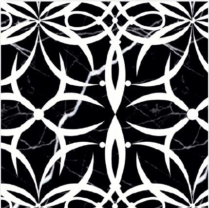 The Fressia Polished Marble Mosaic Tile features white abstract geometric shapes forming symmetrical, floral-inspired patterns on a black marble background, creating a bold, modern look with elegant appeal.