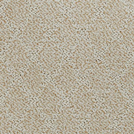 Close-up of the Fine Art On Trend Carpet in Frolic, featuring a beige base with a subtle diamond and swirl pattern. The soft, textured surface adds depth and contemporary elegance to any space.