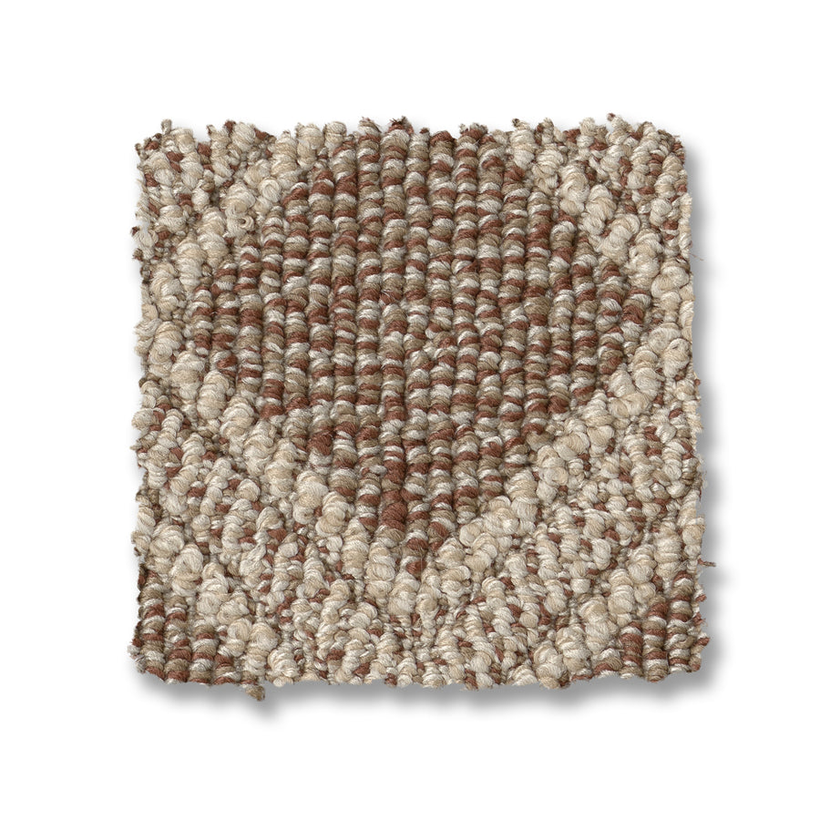 The Scout Pet Friendly Carpet sample is a square swatch of textured, woven fabric with a geometric diamond pattern in beige and brown tones, shown on a white background.