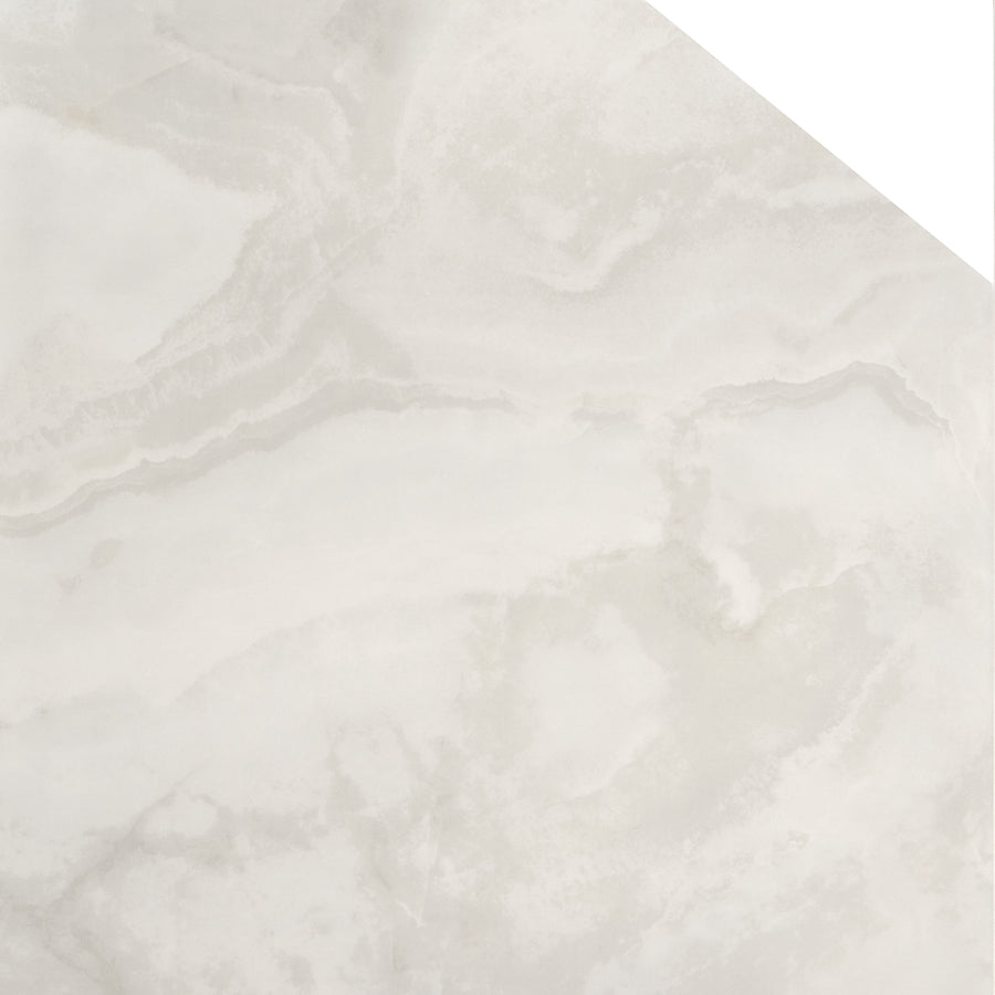 The Aura 48" x 48" Porcelain Tile features a light gray and white surface with subtle veining and a diagonal cut on the upper right corner, adding a geometric touch perfect for modern interiors.