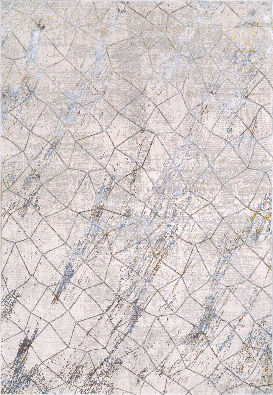 The Gold 1352 Area Rug features an abstract pattern of irregular, intersecting lines forming geometric shapes on a textured light gray background with soft blue and tan brush-like streaks, inspired by contemporary art.