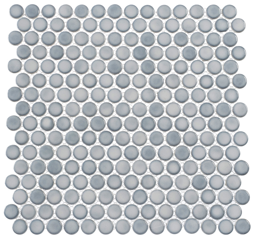 A square sheet of Greenwich Pennyround Glass Mosaic Tile in Urbanite displays small round gray and silver tiles arranged in a grid on a white background, creating a subtle vintage look.