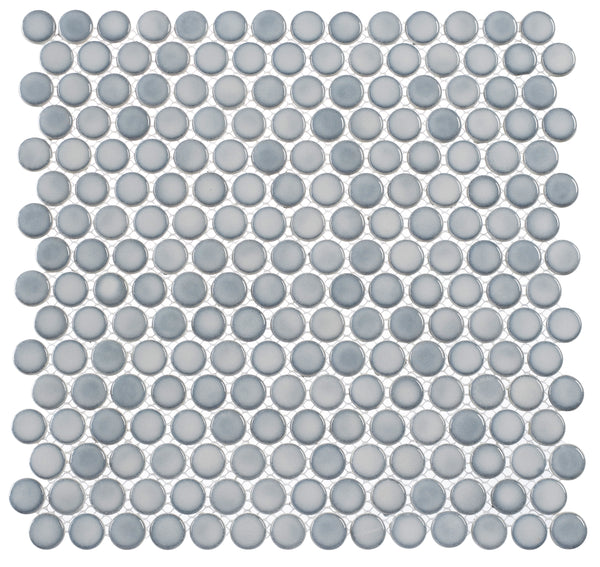 A square sheet of Greenwich Pennyround Glass Mosaic Tile in Urbanite displays small round gray and silver tiles arranged in a grid on a white background, creating a subtle vintage look.