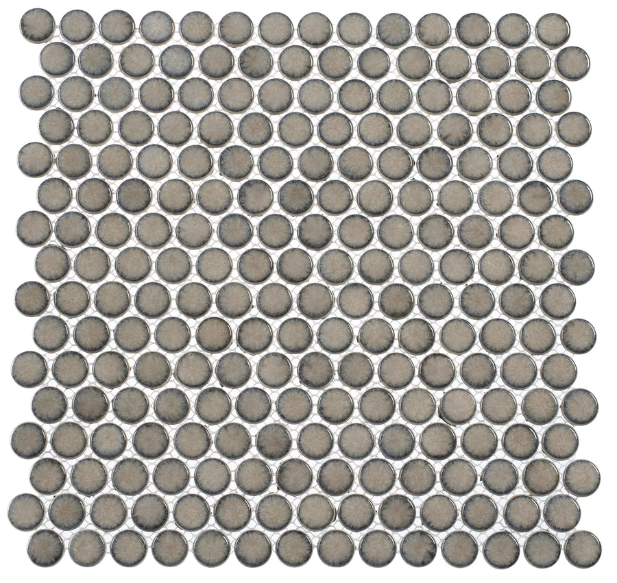 A grid of evenly spaced, round Greenwich Pennyround Glass Mosaic Tiles in Downtown Fervor arranged on a white background, creating a vintage look.