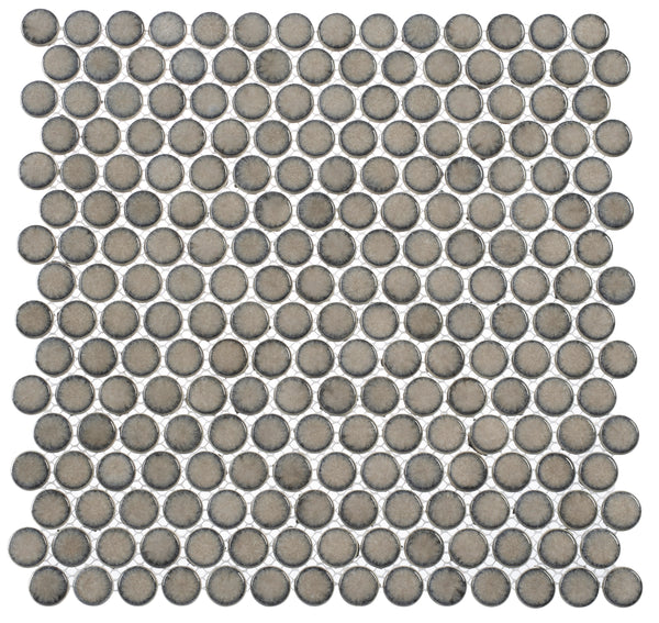A grid of evenly spaced, round Greenwich Pennyround Glass Mosaic Tiles in Downtown Fervor arranged on a white background, creating a vintage look.