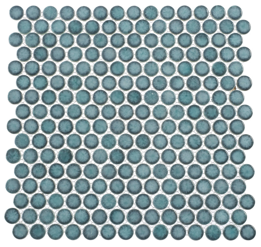 A square grid of evenly spaced, round Greenwich Pennyround Glass Mosaic Tiles in Historic Grand with white grout lines, forming a uniform pattern and subtle vintage look.