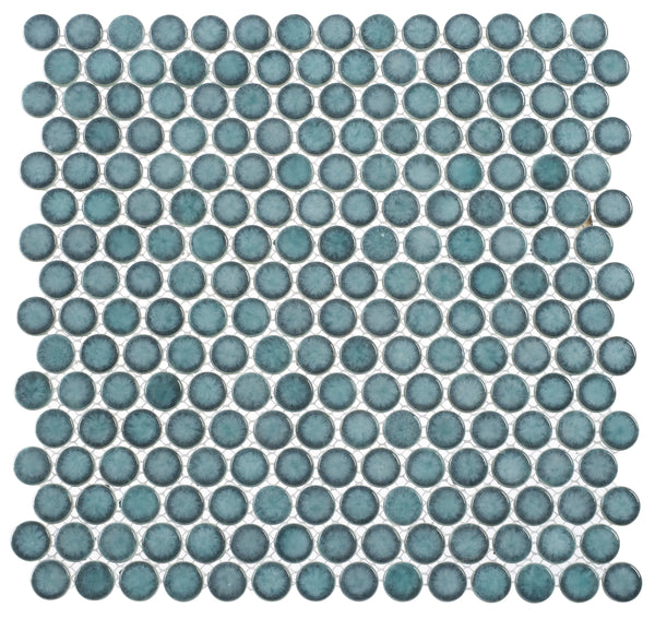 A square grid of evenly spaced, round Greenwich Pennyround Glass Mosaic Tiles in Historic Grand with white grout lines, forming a uniform pattern and subtle vintage look.