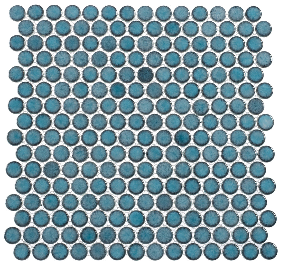 A grid of Lafayette Blue Greenwich Pennyround Glass Mosaic Tiles with metallic rims, evenly arranged on a white background for a refined vintage look.