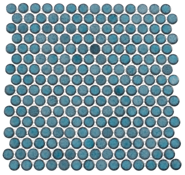 A grid of Lafayette Blue Greenwich Pennyround Glass Mosaic Tiles with metallic rims, evenly arranged on a white background for a refined vintage look.