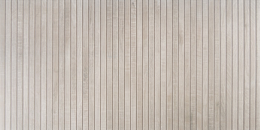 Light wood panel with vertical grooves and a textured, linear design—great for modern, minimalist spaces. The perfect complement to Deja View 24x48 Matte Rectified Porcelain Tile.