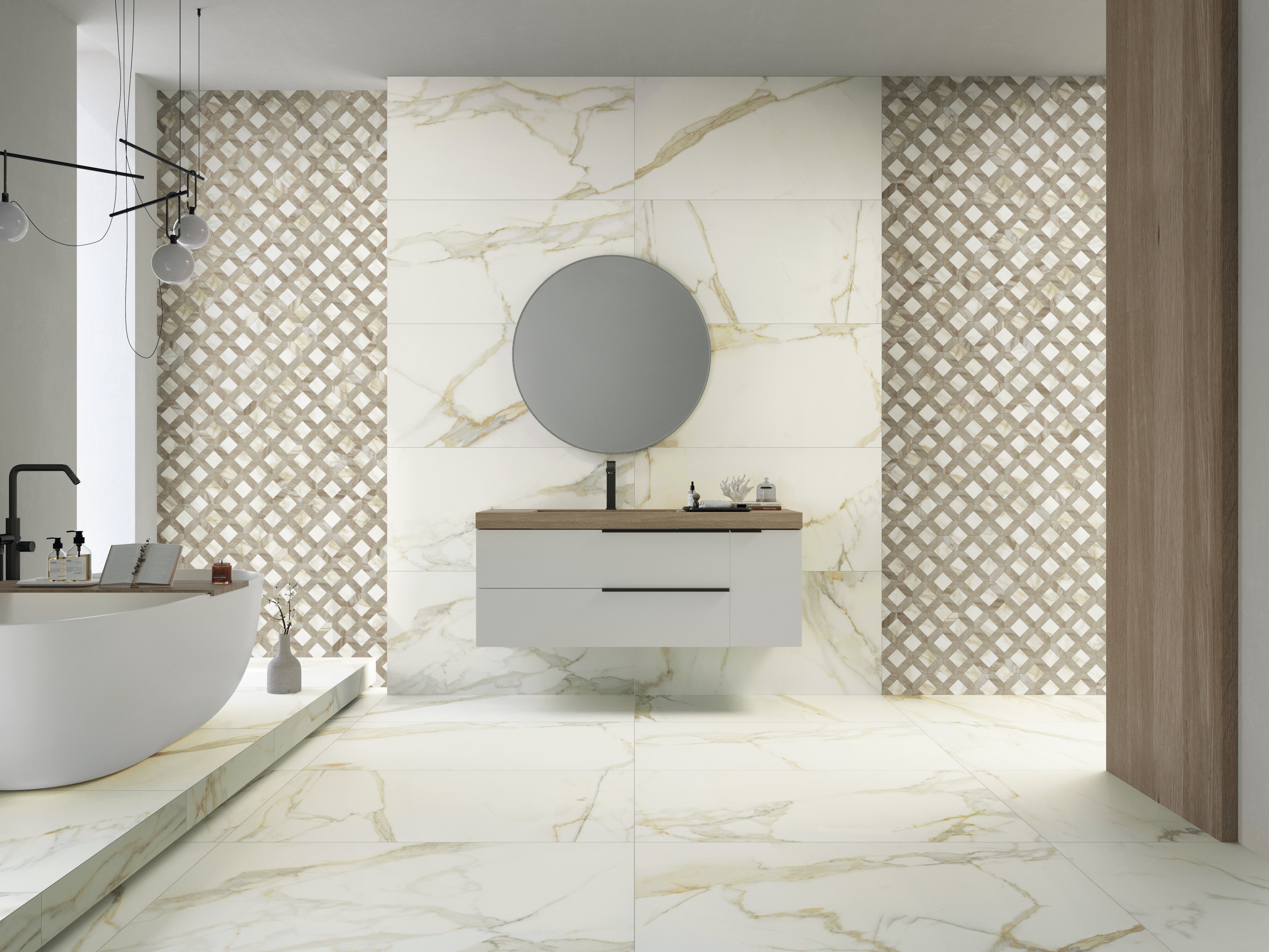 
		                            	Modern bathroom featuring Palazzo 24x24 Glazed Porcelain Tile in a cream Calacatta marble-style with gold veining, accented by a decorative diamond-patterned porcelain inlay behind a floating vanity and circular mirror.
		                            