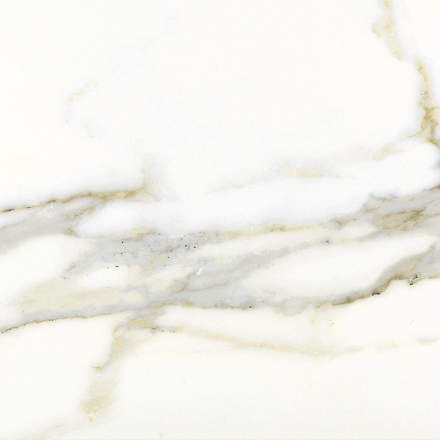 The Palazzo 12x12 Glazed Porcelain Tile features a white marble look with subtle grey and beige diagonal veining. Its smooth, polished finish provides seamless installation and a refined, elegant appearance.