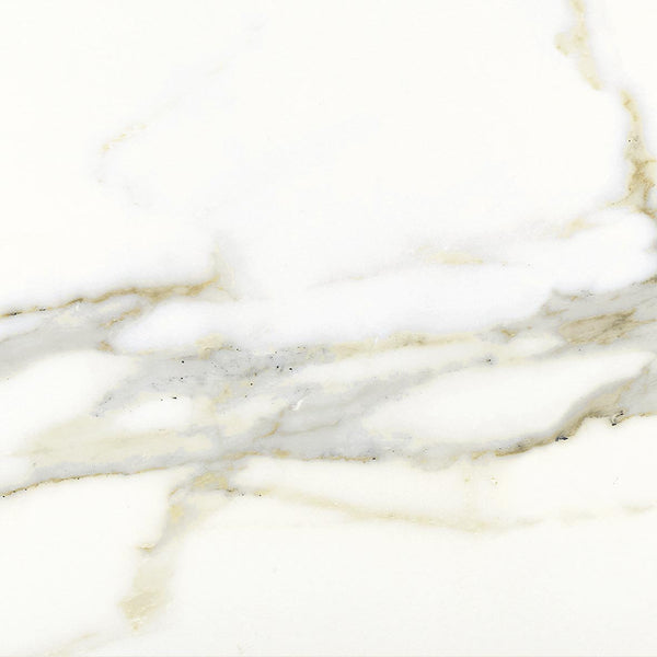 The Palazzo 12x12 Glazed Porcelain Tile features a white marble look with subtle grey and beige diagonal veining. Its smooth, polished finish provides seamless installation and a refined, elegant appearance.