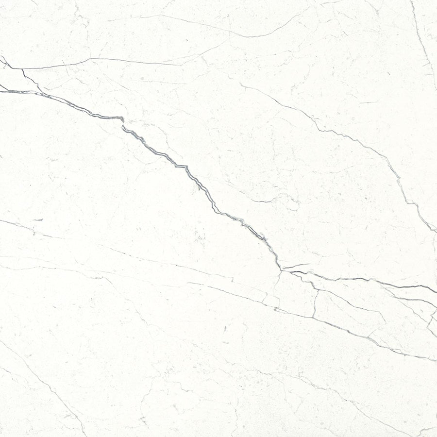 Monaco 12x12 Glazed Porcelain Tile features a white marble look with subtle grey veins and fine diagonal and horizontal cracks, creating an elegant, natural pattern ideal for seamless and sophisticated flooring.