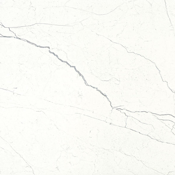 Monaco 12x12 Glazed Porcelain Tile features a white marble look with subtle grey veins and fine diagonal and horizontal cracks, creating an elegant, natural pattern ideal for seamless and sophisticated flooring.