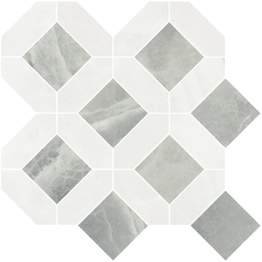A close-up of the Monaco Luxe Mosaic Porcelain Tile reveals its intricate details and smooth finish, perfectly highlighting the elegance of a marble-look porcelain tile.