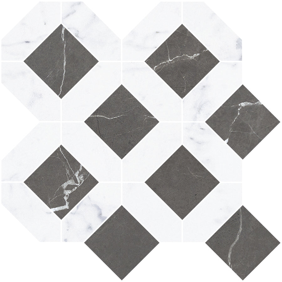 The Monaco Luxe Mosaic Porcelain Tile features a geometric design with large black diamonds with white veining and small white squares, creating an interlocking marble-look pattern.