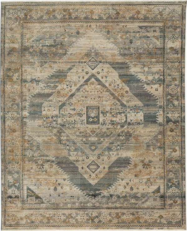 The Echo Area Rug showcases a central geometric medallion with intricate floral patterns in beige, blue, and gray hues, bordered by decorative motifs—perfect for adding stylish ornamentation to any room.