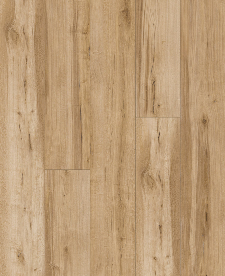 ArmorStep 7" Vinyl Plank features a light brown natural grain with knots for a warm, rustic look. This high-performance, waterproof vinyl flooring is laid lengthwise to highlight its subtle color and texture variations.