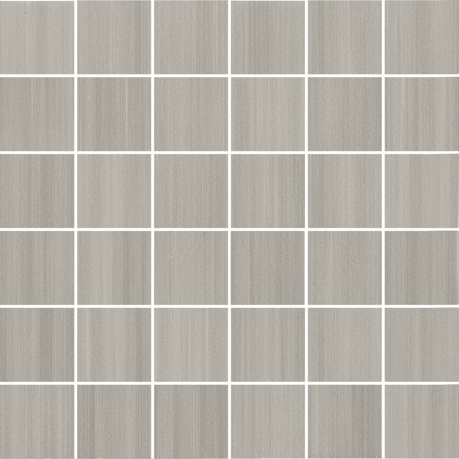 Met 2x2 Mosaic Porcelain Tile features square gray color body porcelain tiles with subtle horizontal and vertical textures. Thin white grout lines separate each tile, creating a uniform pattern perfect for contemporary settings.
