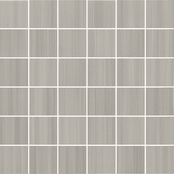 Met 2x2 Mosaic Porcelain Tile features square gray color body porcelain tiles with subtle horizontal and vertical textures. Thin white grout lines separate each tile, creating a uniform pattern perfect for contemporary settings.