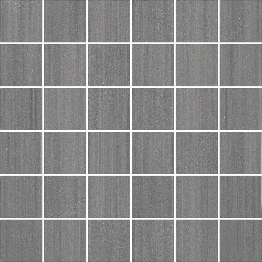 The Met 2x2 Mosaic Porcelain Tile features a grid of gray body porcelain with subtle texture and shade variation, arranged in a 6x6 pattern—perfect for boosting technical performance in modern spaces.