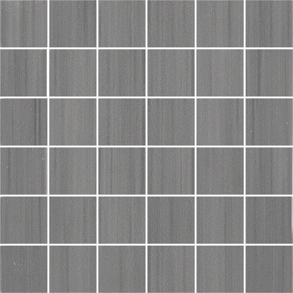 The Met 2x2 Mosaic Porcelain Tile features a grid of gray body porcelain with subtle texture and shade variation, arranged in a 6x6 pattern—perfect for boosting technical performance in modern spaces.