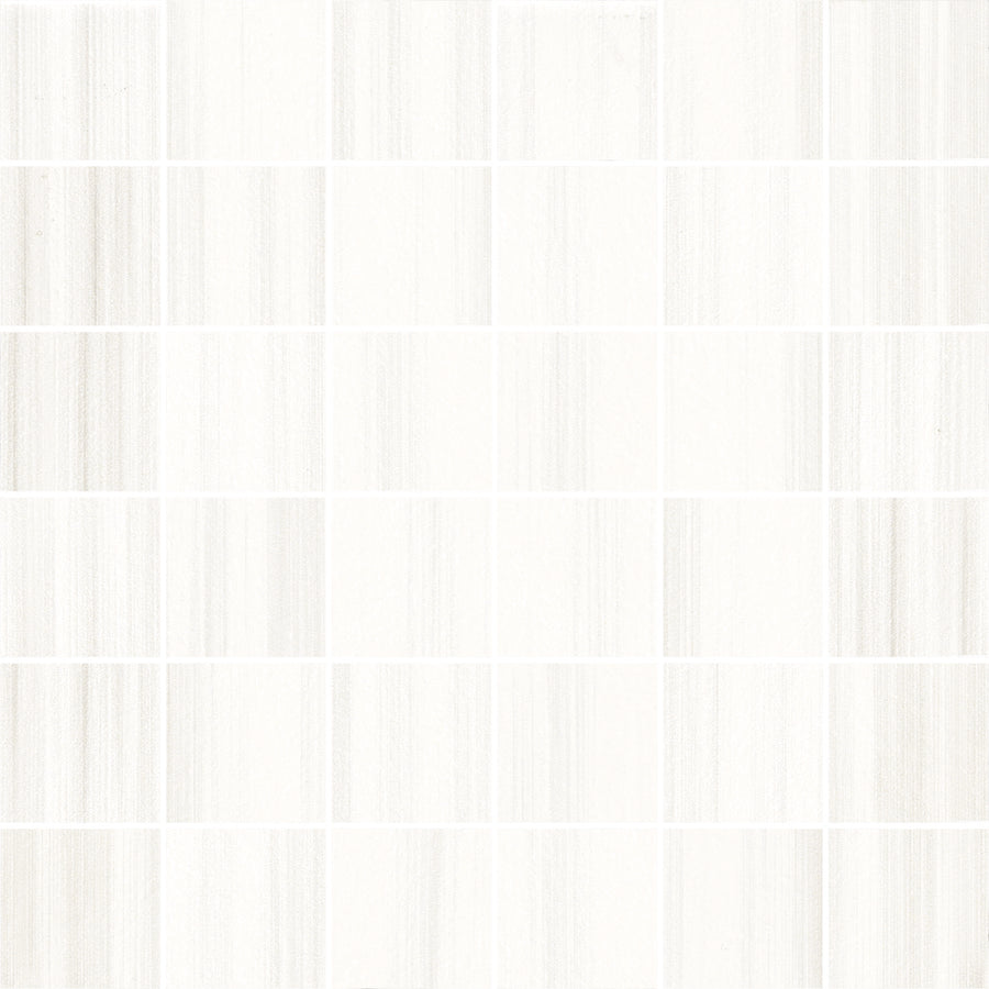 Met 2x2 Mosaic Porcelain Tile features a grid of light beige and white squares with subtle streaks, delivering a soft, minimalist look—perfect for contemporary settings and offering outstanding technical performance.
