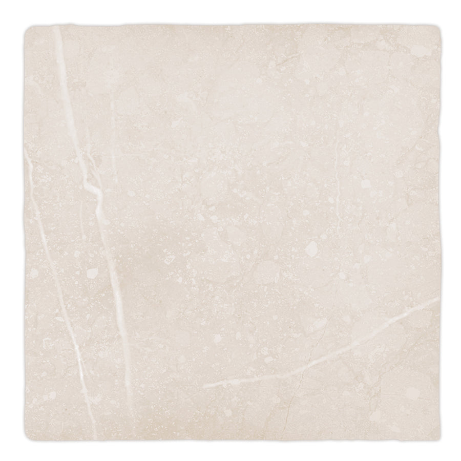 The Gea 4.7" x 4.7" Ceramic Tile in Linen features a square shape with subtle white veins and small speckles, a lightly textured surface, and softly rounded corners—ideal for backsplashes or as a modern accent wall.