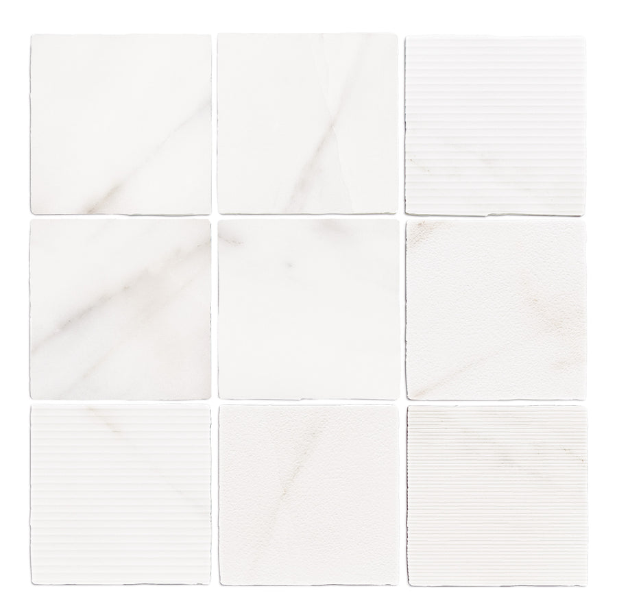 A three-by-three grid displays Gea Hand Carved 4.7" x 4.7" Ceramic Tiles in Calacatta, some with smooth surfaces and others featuring delicate linear or textured hand-carved patterns, showcasing artisanal craftsmanship.
