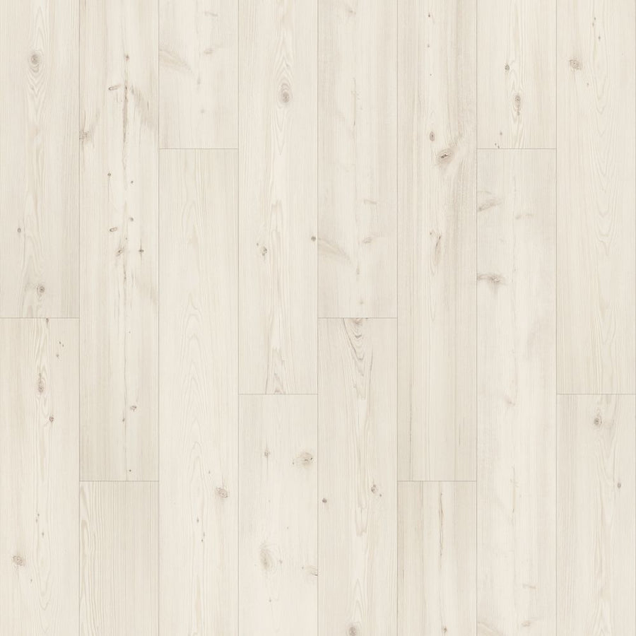 Glacial Isle 8 11/32" Waterproof Laminate in Glacier Pine features a light tone with subtle grain and natural knots, arranged in a staggered plank layout. Its smooth finish delivers a clean, modern look with rustic charm—ideal for luxury flooring.