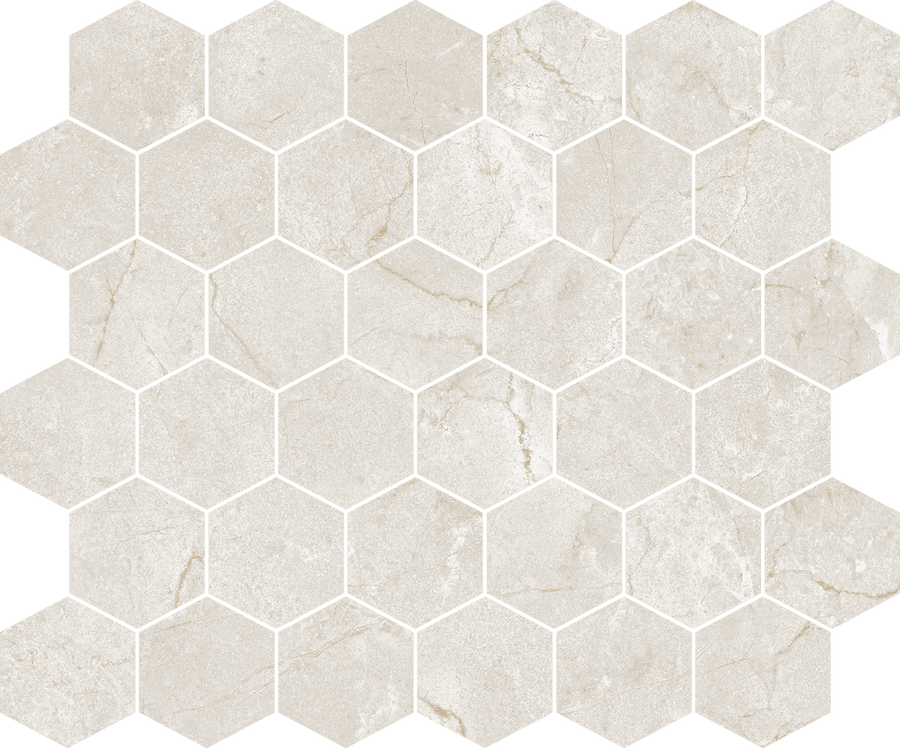 Glam Marfil 2" Hexagon Mosaic Porcelain Tile features beige tones with marble-like veining and a honeycomb pattern, combining luxurious style and porcelain durability for a geometric natural stone look.