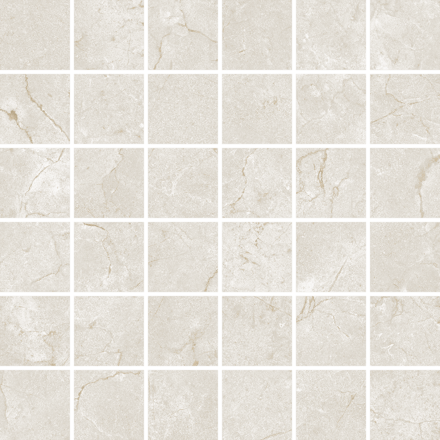 Glam Marfil 2x2 Mosaic Porcelain Tile features light beige tones with subtle marble-like veining and thin white grout lines, offering a clean, uniform look ideal for modern designs.