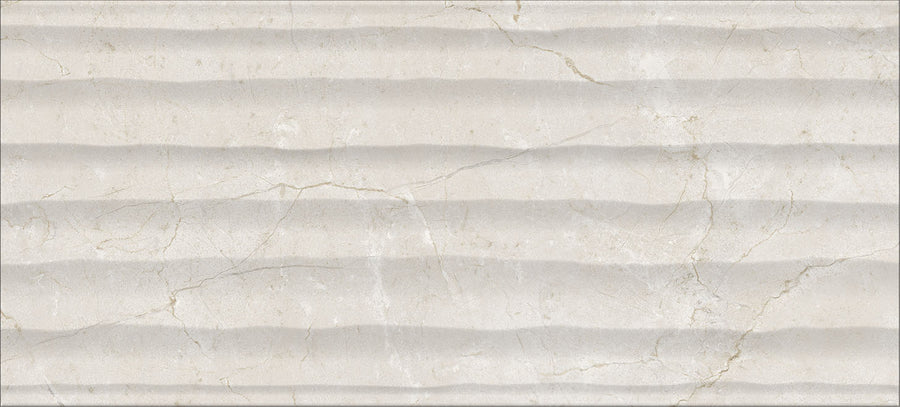 The Glam Marfil 10x22 Glossy Porcelain Tile features a light beige tone with horizontal wavy ridges and thin, natural-looking veins and cracks for a layered, marble-like look.