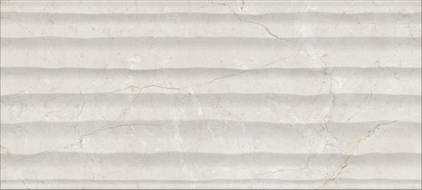 The Glam Marfil 10x22 Glossy Porcelain Tile features a light beige tone with horizontal wavy ridges and thin, natural-looking veins and cracks for a layered, marble-like look.