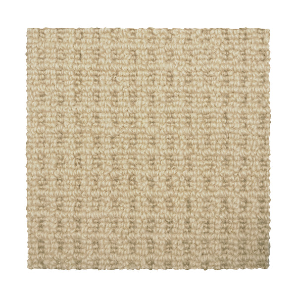 A square sample of Glen Abbey II Berber Carpet in Sahara, featuring a textured grid-like pattern, shown against a white background—a durable flooring option that offers both comfort and style.