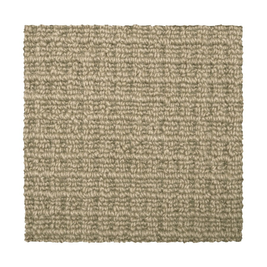A square swatch of Glen Abbey II Berber Carpet in Temple, shown against a white background. This loop-pile carpet has a light beige hue and a subtle grid pattern, providing an elegant upgrade to any space.