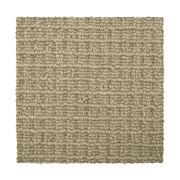 A square swatch of Glen Abbey II Berber Carpet in Temple, shown against a white background. This loop-pile carpet has a light beige hue and a subtle grid pattern, providing an elegant upgrade to any space.