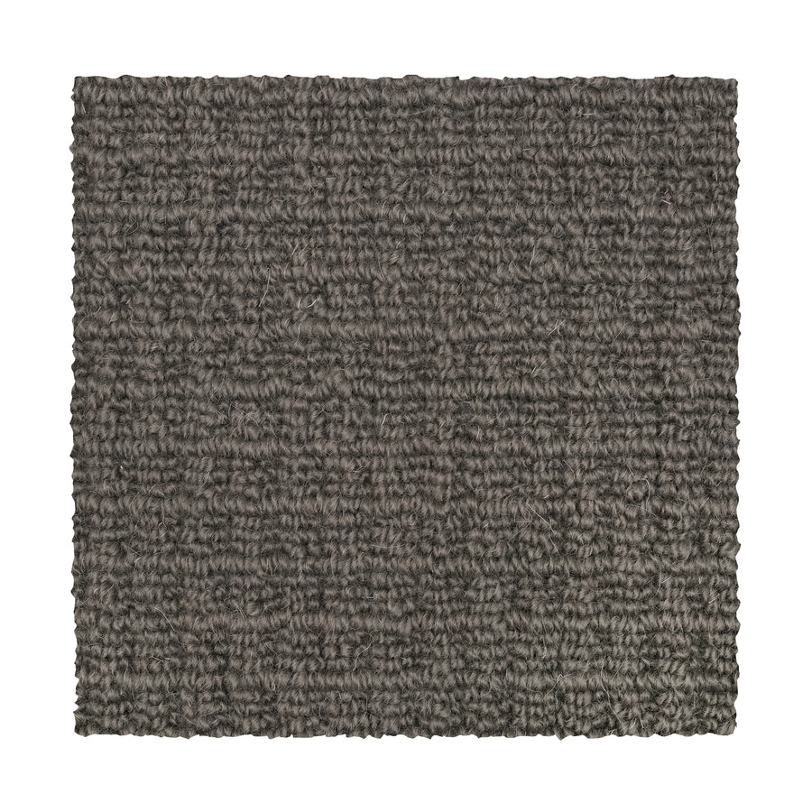 Square swatch of Glen Abbey II Berber Carpet in Suede, featuring a looped, tightly woven texture and sophisticated dark gray tone, displayed against a white background.